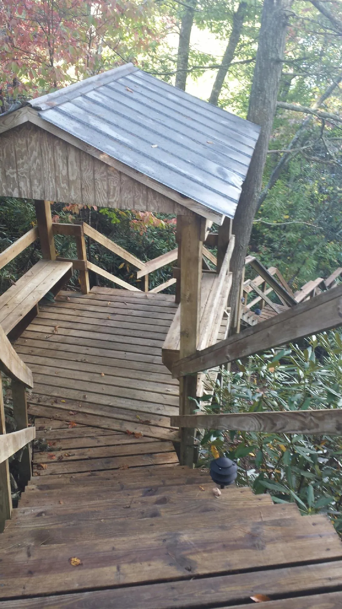 Metal roofed shelter over wooden steps on a wooded walkway — Skylight Repair & Installation work by our crew in Ethelsville